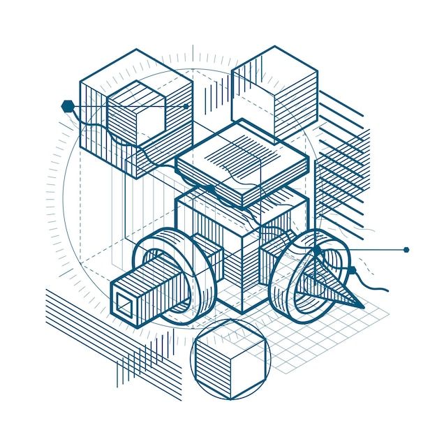 Isometric linear abstract vector background, lined abstraction. Cubes, hexagons, squares, rectangles and different abstract elements.