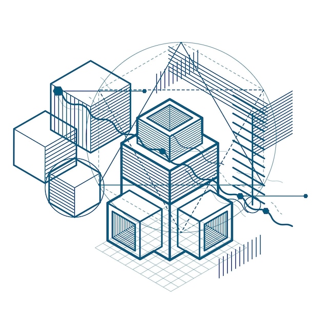 Isometric linear abstract vector background, lined abstraction. Cubes, hexagons, squares, rectangles and different abstract elements.