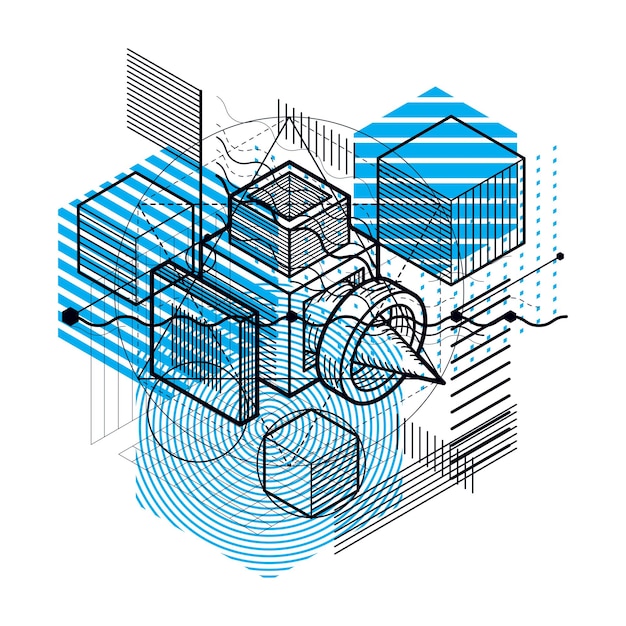 Sfondo vettoriale astratto lineare isometrico, astrazione foderata. cubi, esagoni, quadrati, rettangoli e diversi elementi astratti.