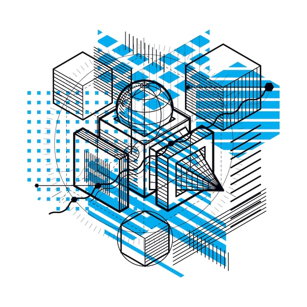 Vettore sfondo vettoriale astratto lineare isometrico, astrazione foderata. cubi, esagoni, quadrati, rettangoli e diversi elementi astratti.