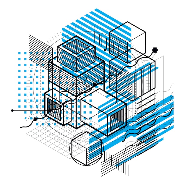 Isometric linear abstract vector background, lined abstraction. Cubes, hexagons, squares, rectangles and different abstract elements.