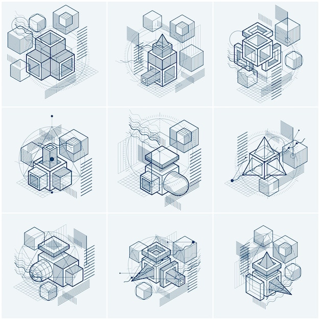 Isometric linear abstract vector backgrounds, lined abstractions. Cubes, hexagons, squares, rectangles and different abstract elements. Vector set.
