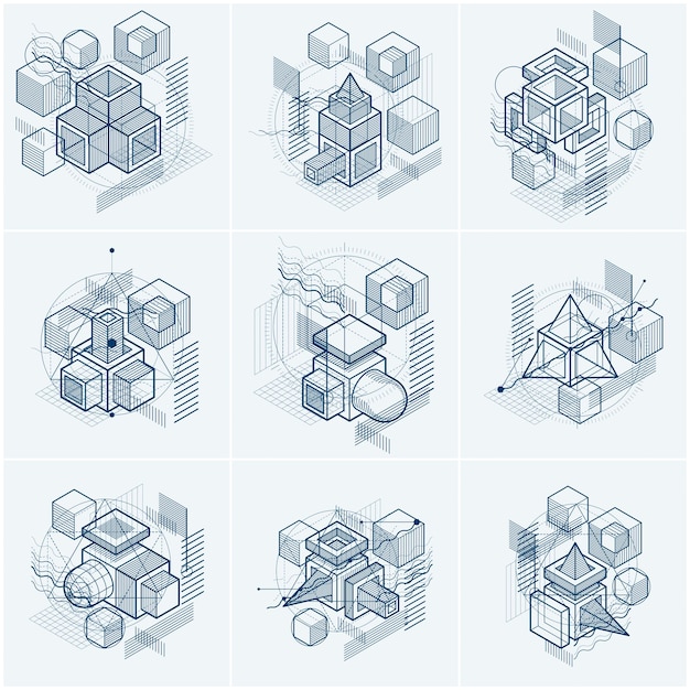 Изометрические линейные абстрактные векторные фоны, выровненные абстракции. Кубы, шестиугольники, квадраты, прямоугольники и различные абстрактные элементы. Векторный набор.