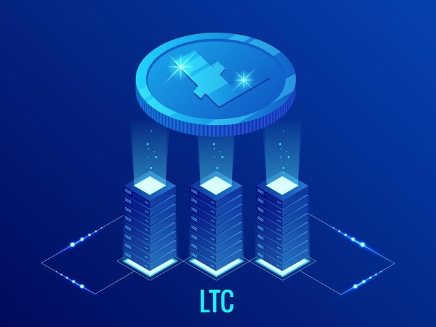 아이소메트릭 라이트코인 LTC 암호화폐 채굴 농장. 블록체인 기술, 암호화폐 및 금융 거래를 위한 디지털 결제 네트워크. 추상 파란색 배경입니다.