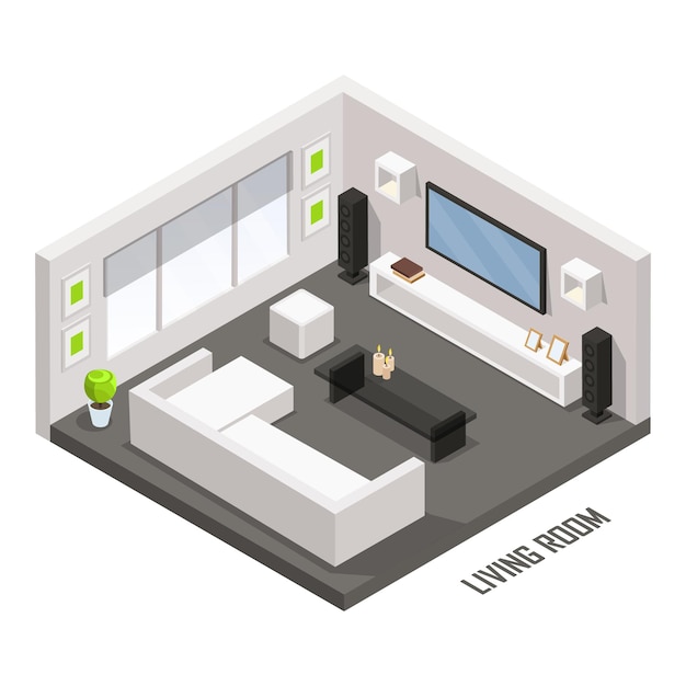 Isometric living room 3d interior concept with furniture set a modern loft interior