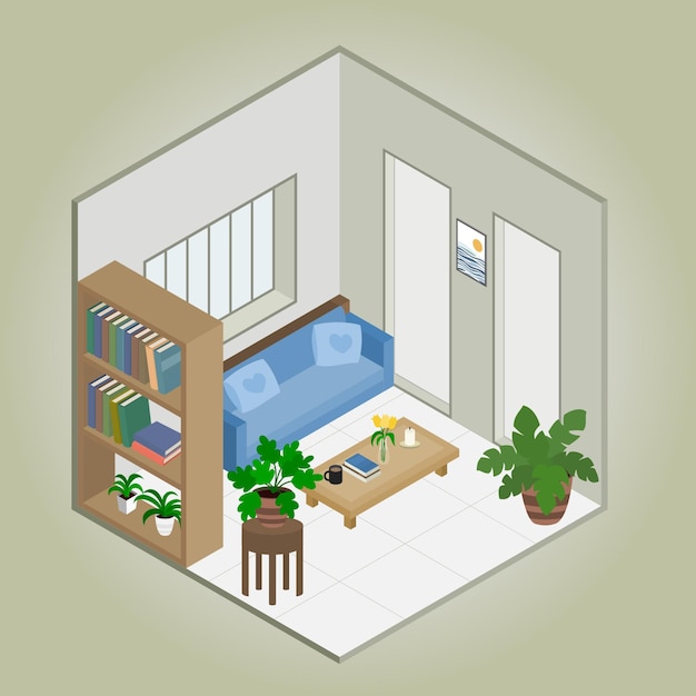 Isometric living room in vector illustrations with interior decoration