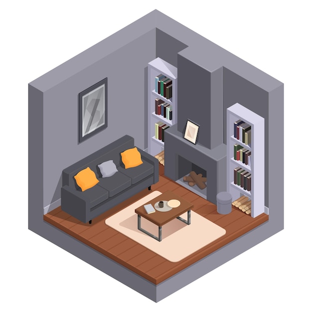 Isometric living room with furniture and fireplace vector illustration