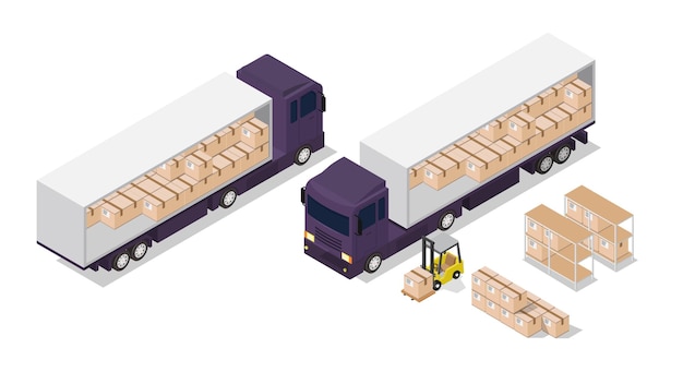 Isometric logistic composition. cargo truck and forklift illustration.