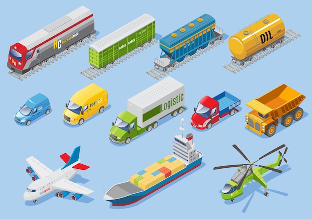 Isometric logistic transportation set with car van trucks airplane ship helicopter freight train wagons oil tank isolated