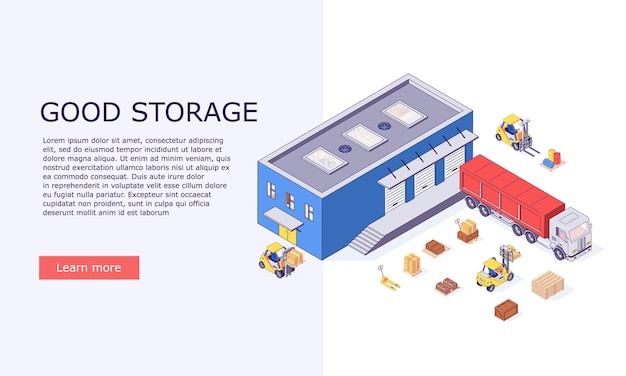 Isometric logistic warehouse invertory boxes and trucks banner illustration