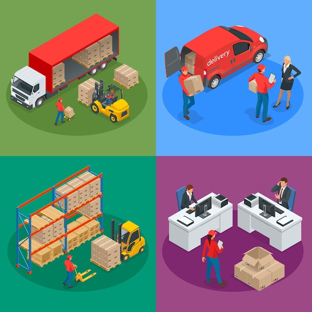 Isometric Logistics and Delivery concept. Delivery home and office. City logistics. Warehouse, truck, forklift, courier and delivery man. Vector illustration