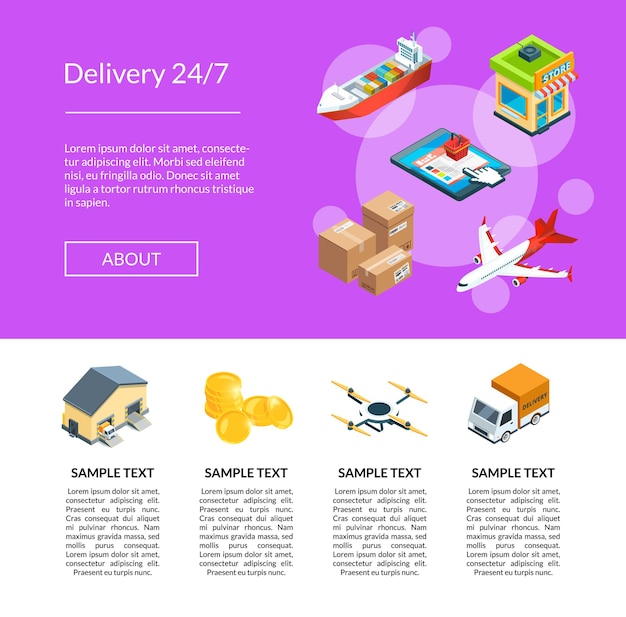 Isometric logistics and delivery icons landing page template illustration. delivery distribution, plane and ship