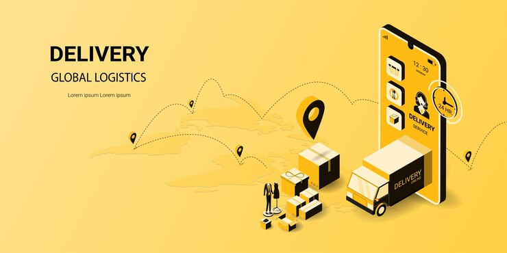 Vector 웹사이트 배너 및 모바일 웹사이트 벡터 일러스트 레이 션에 대 한 모바일 응용 프로그램 온라인 주문 디지털 마케팅 트럭 창고 및 소포 상자 개념에서 아이소메트릭 물류 및 배달 온라인