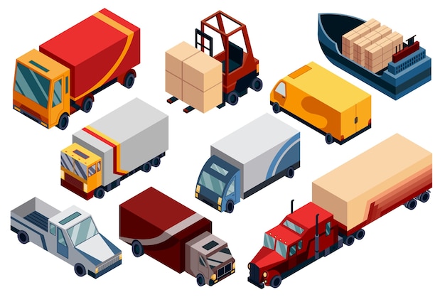 Isometric logistics. transportation isometric elements set with loaded and empty trucks trailers boxes forklifts.