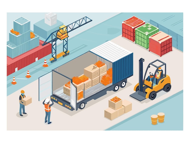 isometric logistics warehouse vector forklift loading truck workers pallets crates supply cha