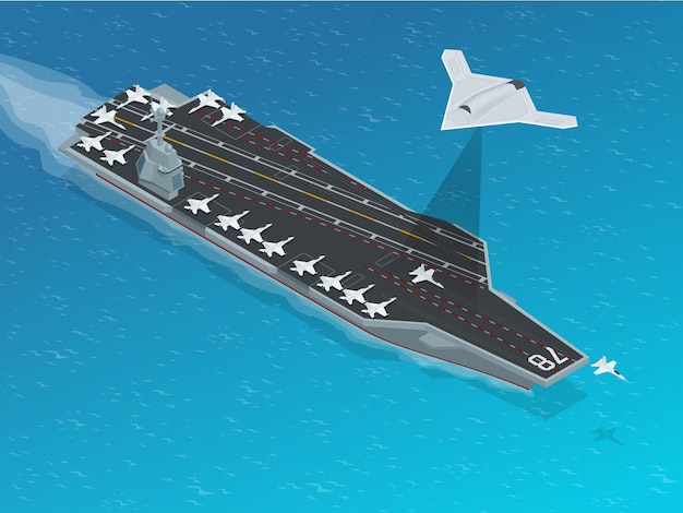 Vector isometric long range strike-bomber. aircraft military mission isolated on background. aircraft assigned to the nuclear-powered aircraft carrier cvn . military sea transport.