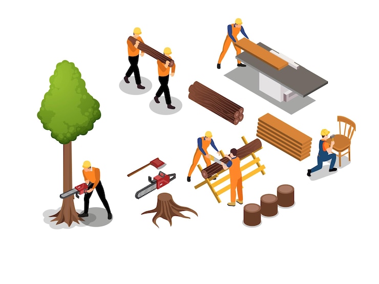 Vector isometric lumberjack and sawmill scene