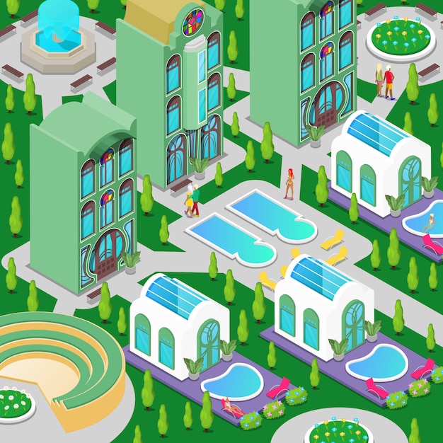 수영장, 분수 및 녹색 정원이있는 아이소 메트릭 고급 호텔 건물