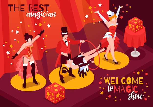 Vector isometric magician showing illustration composition with ornate text and view of stage with performers and stars