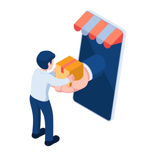 Vector isometric man receiving parcel through smartphone