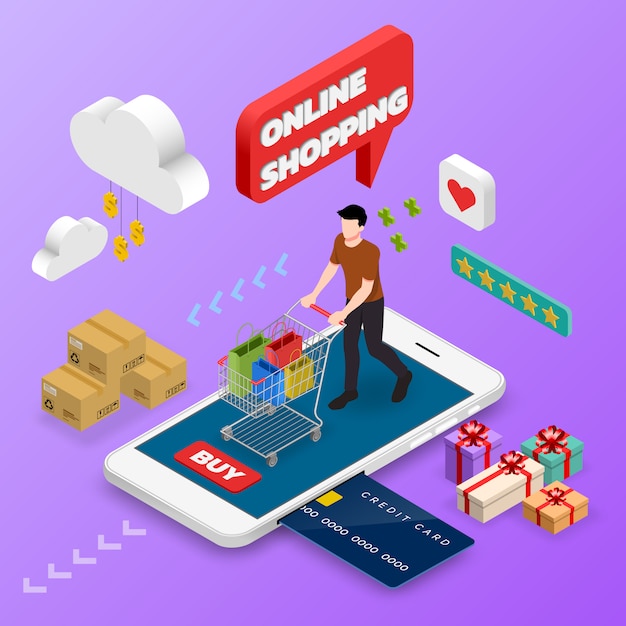 Isometric man shopping on smart phone.