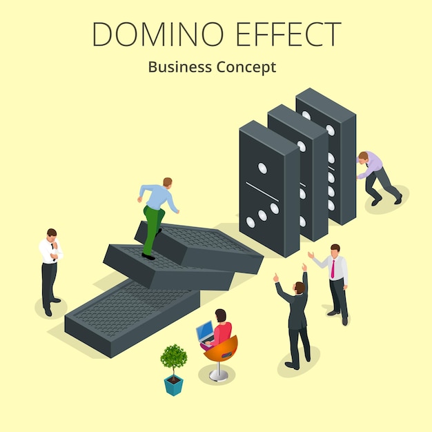 Vector isometric man start domino effect a and chain reaction concept. business metaphor. business solution and helping business themes.