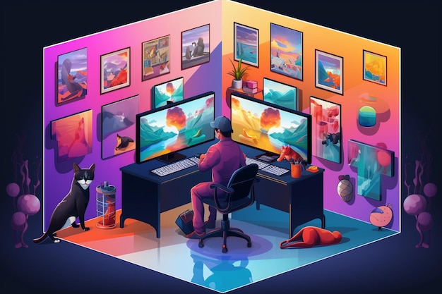 Isometric Man Using Computer with Cats