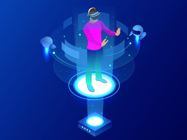 Vector isometric man wearing goggle headset with touching vr interface. into virtual reality world. future technology. vector illustration