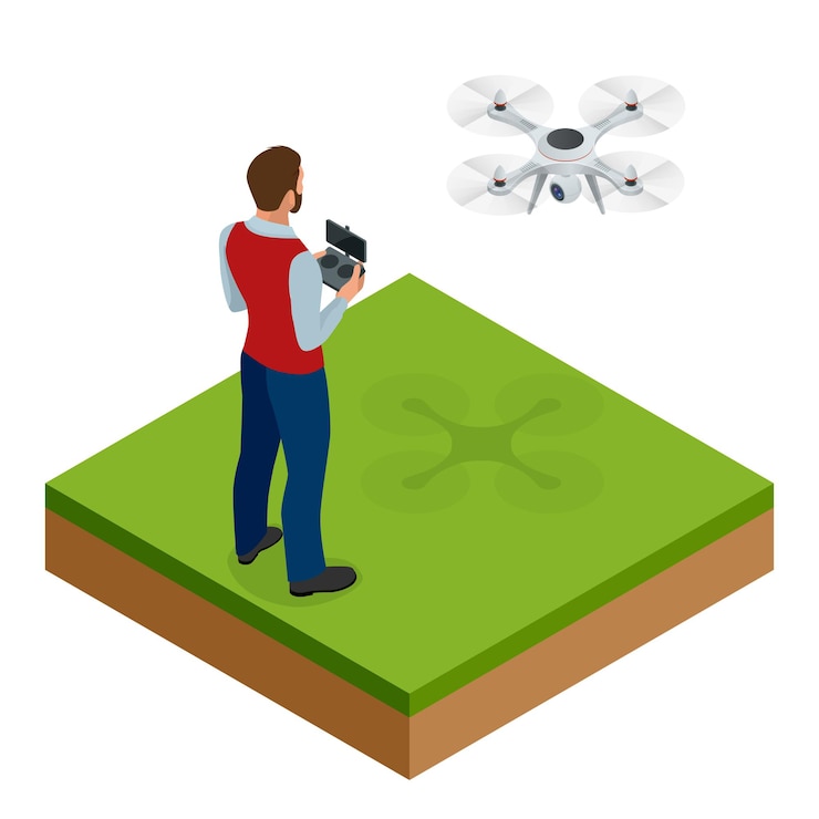 Vector isometric man with drone quadrocopter, remote aerial drone with a camera taking photography or video recording. game sevremennaya, isometrics businessman. on a light background. vector illustration.