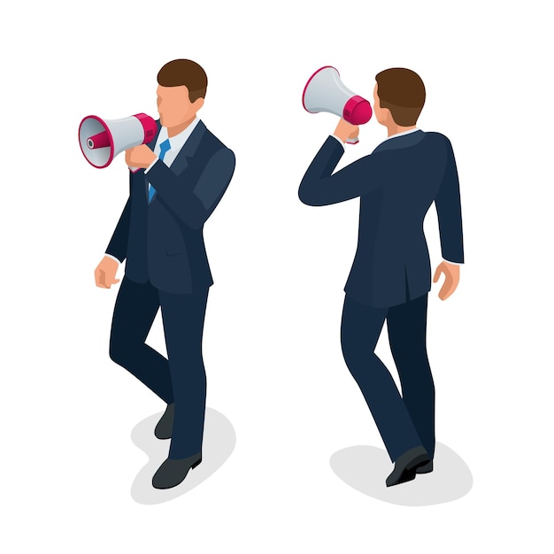 Isometric man with loudspeaker flat vector illustration. speaker or loudspeaker.