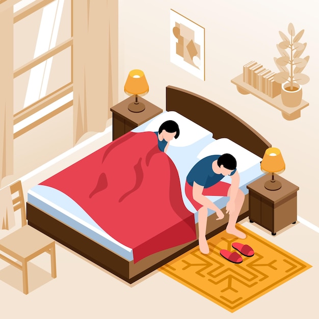 Изометрический мужчина с симптомами расстройства репродуктивного здоровья сидит на кровати 3d векторная иллюстрация