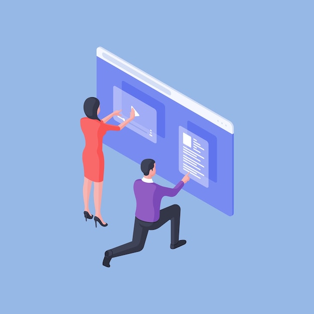 Isometric man and woman working in team and designing video and text content on online page of website isolated on blue background