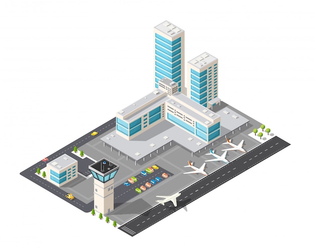 Isometric map of the city airport, the trees and the flight of construction 