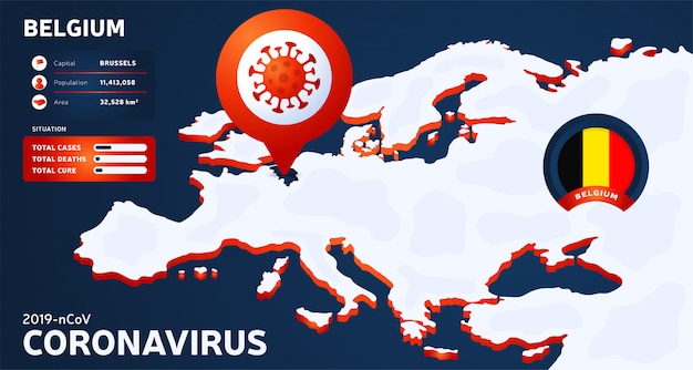 강조 표시 된 국가 벨기에 일러스트와 함께 유럽의 아이소 메트릭지도. 코로나 바이러스 통계. 위험한 중국 ncov 코로나 바이러스. 인포 그래픽 및 국가 정보.