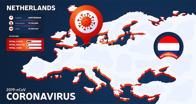 강조 표시 된 국가 네덜란드 일러스트와 함께 유럽의 아이소 메트릭지도. 코로나 바이러스 통계. 위험한 중국 ncov 코로나 바이러스. 인포 그래픽 및 국가 정보.