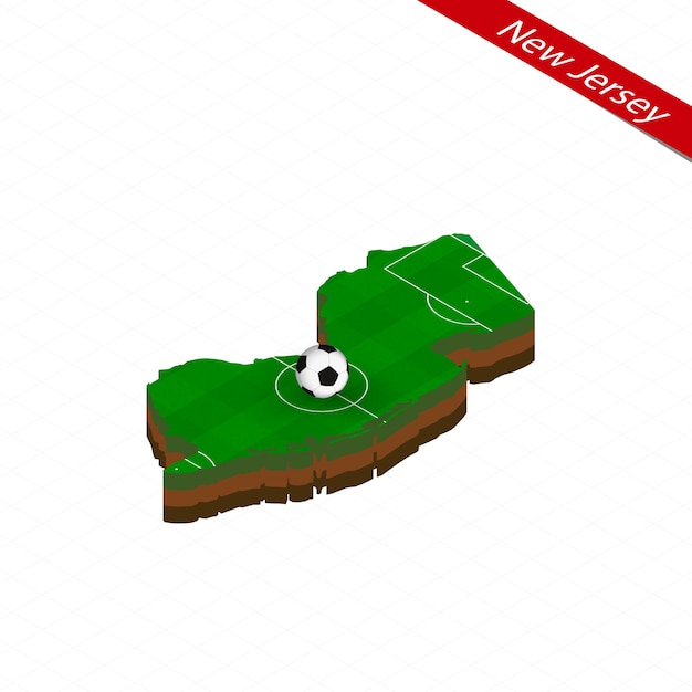 Isometric map of US state New Jersey with soccer field Football ball in center of football pitch Vector soccer illustration