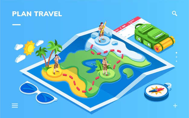 旅行ルートと搭乗時のスマートフォンアプリケーション画面の男性のための旅行者との等角図