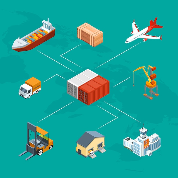 Isometric marine logistics and seaport infographic  illustration