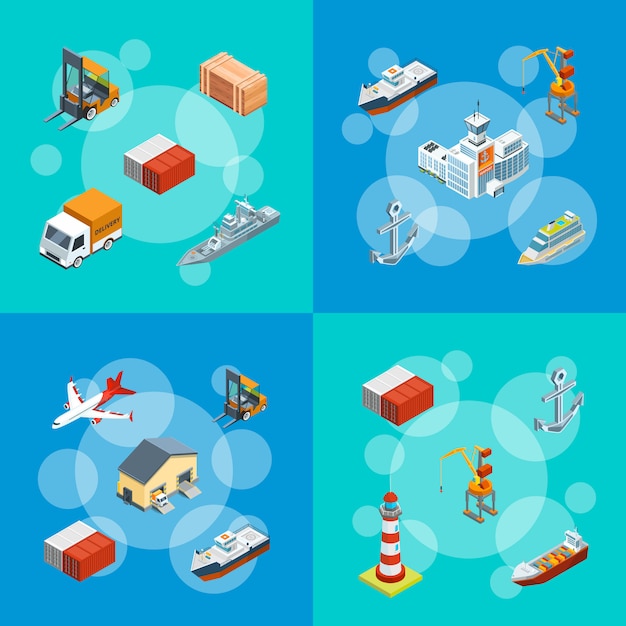 Vector isometric marine logistics and seaport set illustration