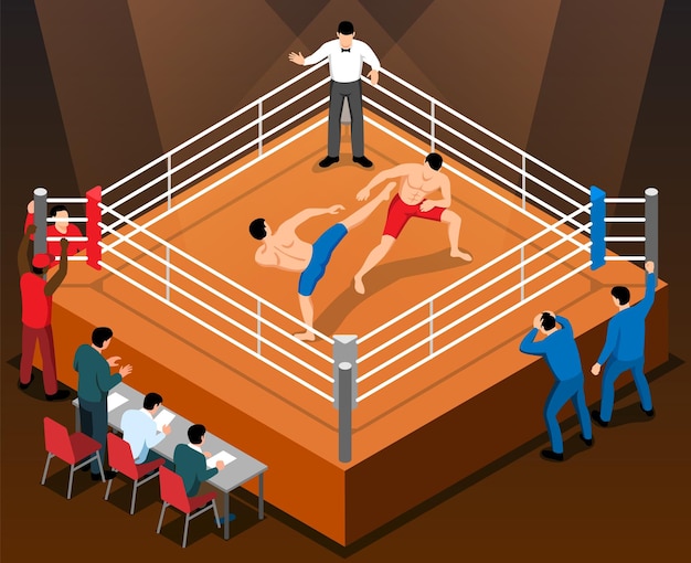 Vector isometric martial arts kickboxing composition with indoor view of boxing ring fighting athletes referee and judges vector illustration