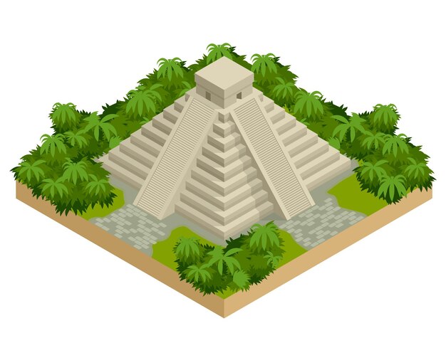 Vector isometric mayan pyramid isolated on white. vector travel banner. the teotihuacan pyramids in mexico, north america. ancient stepped pyramids.