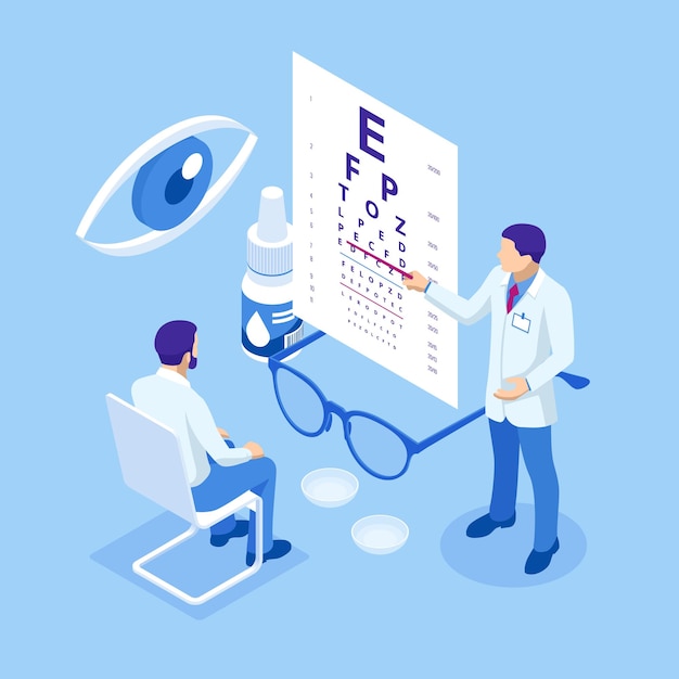 Vector isometric medical ophthalmologist eyesight checkup concept medical ophthalmologist eyesight checkup concept