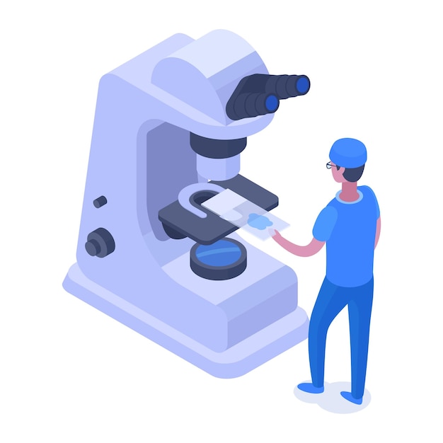 Isometric medical research concept Medical worker with huge microscope Chemical experiment or blood test 3d vector illustration