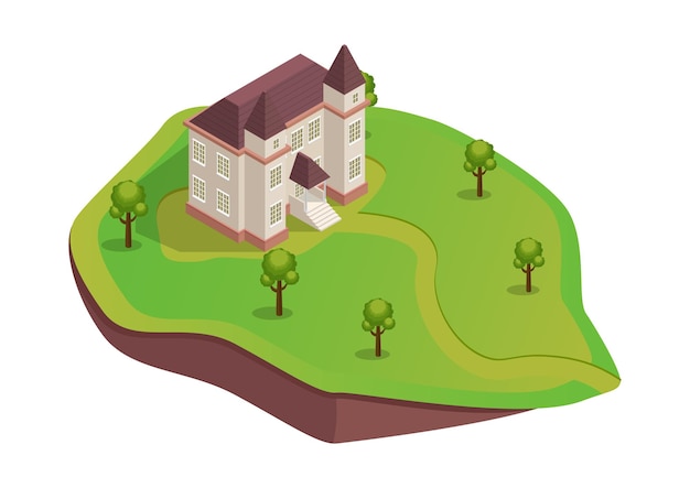 Isometric medieval house on the hill with trees