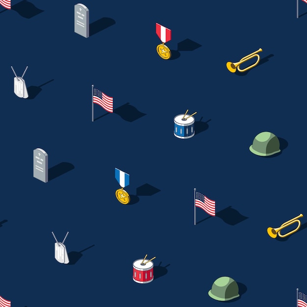 Vector isometric memorial day seamless pattern on dark blue background