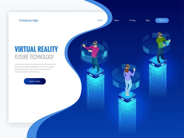 Isometric men and a woman wearing goggle headset with touching vr interface. into virtual reality world. future technology. vector illustration