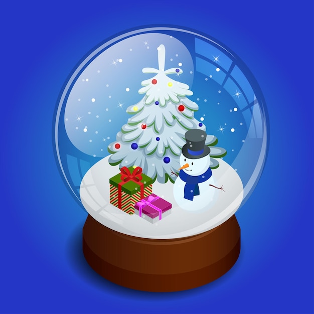 Vector isometric merry christmas transparent glass ball. merry christmas glass ball with snowman and gifts in paper boxes at snow