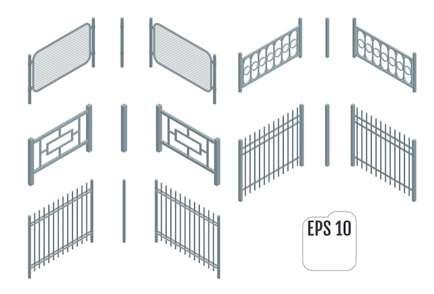 Isometric metal fence sections.