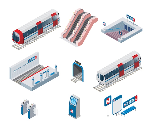 Collezione di elementi della metropolitana isometrica