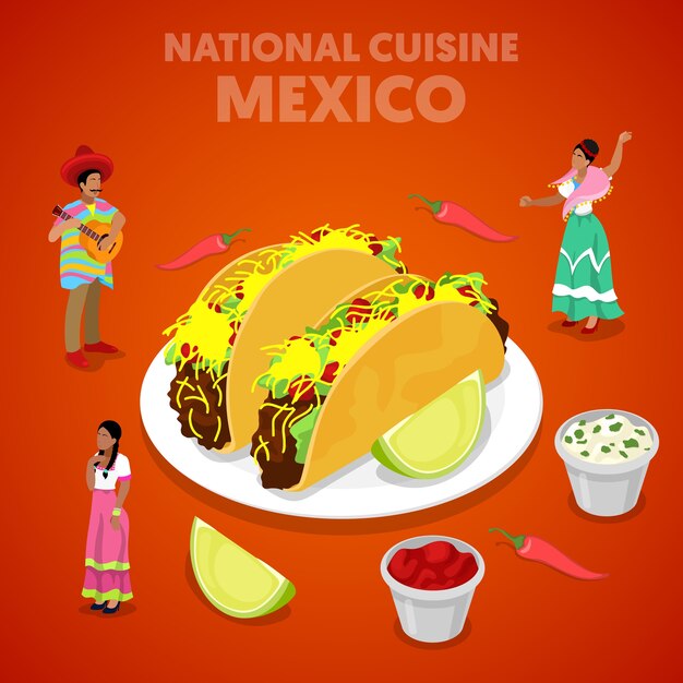 Isometric Mexico National Cuisine with Tacos, Pepper and Mexican People in Traditional Clothes. Vector 3d flat illustration